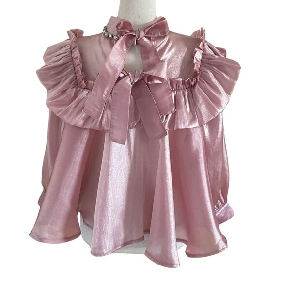 SISTER JANE OLD PINK RUFFLE RHINESTONE ORGANZA LOOSE FIT BLOUSE - XS - Picture 4 of 14